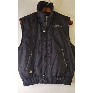 Vtg DESCENTE Men's Full Zip/Snap Puffer Vest Sz Small Black Gold Logo Outdoors
